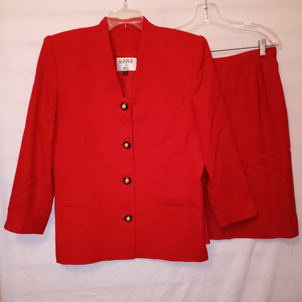 Kasper For A.S.L Skirt Suit Size 12 Red Wool Buttons Pockets Business Wedding